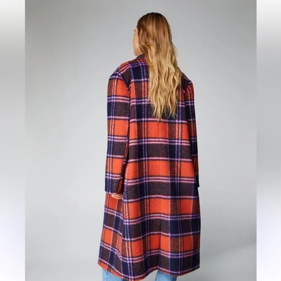 Nasty Gal Premium Plaid Double-Breasted Wool Look Coat Orange & Purple Size 16 - Picture 3 of 17